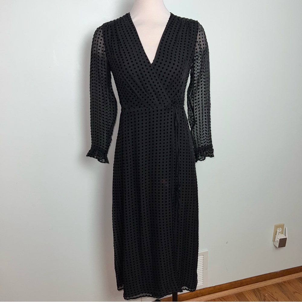 Whistles Black Flocked Polka Dot Wrap Midi Dress US 4
